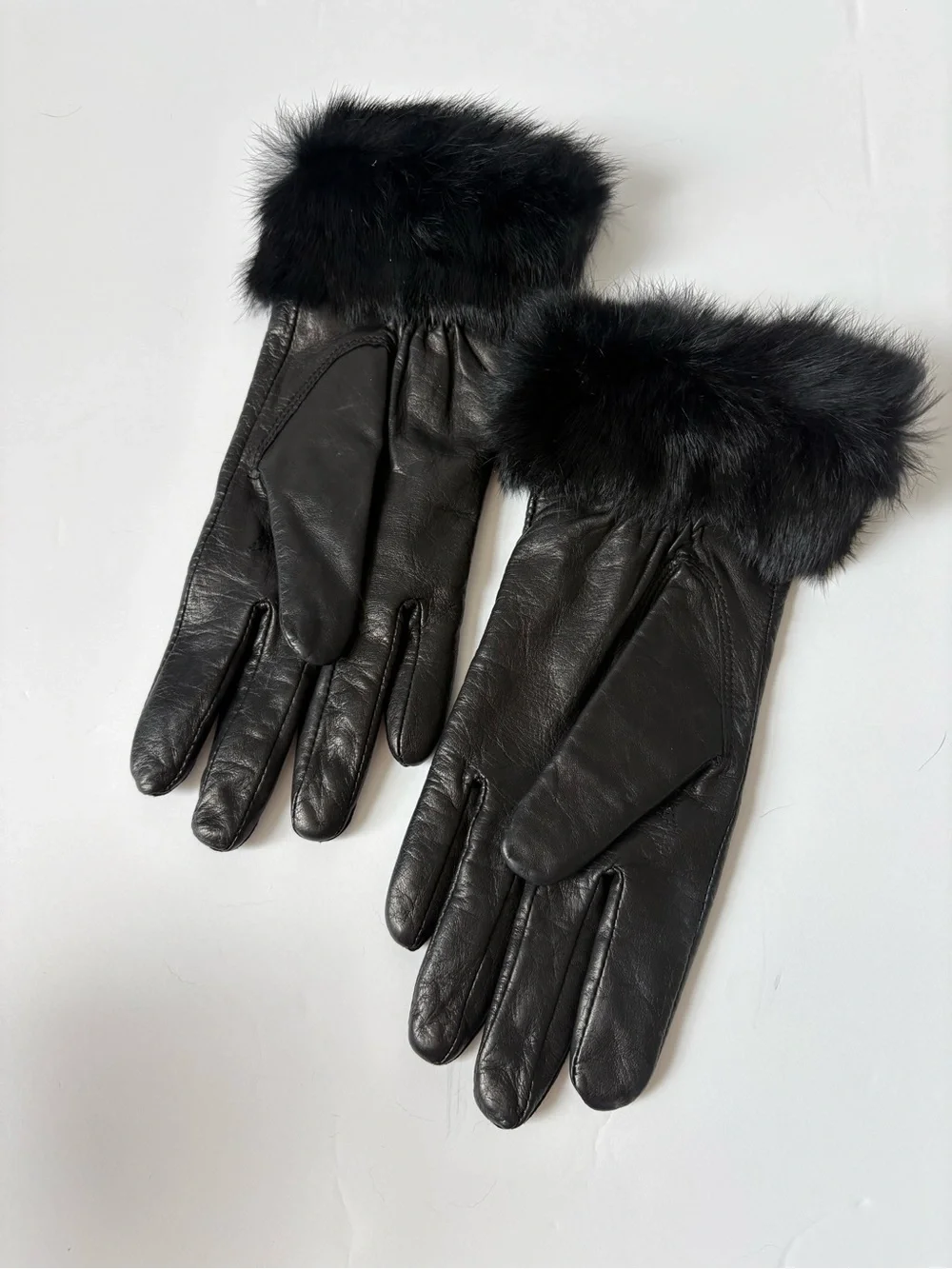 Black Genuine Leather Rabbit Fur Cuff Gloves Size M